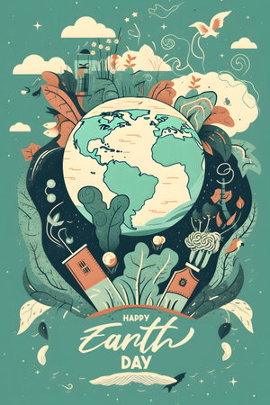 Happy Earth Day Banner/ Illustration of a happy earth day banner, for environment safety celebration. Generative Ai.の素材