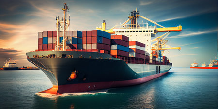 Logistics and transportation of International Container Cargo ship in the ocean at twilight sky, Freight Transportation, Shipping. Generative Ai.の素材