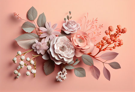 Spring flowers on pink pastel background top view in flat lay style. Greeting for Womens or Mothers Day or Spring Sale Banner. Generative Ai.の素材