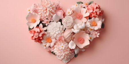 Mother's Day, Mom's Day or Women's Day or Valentines day heart shaped flowers composition with copy space on pastel background. 3d style. Generative Ai.の素材