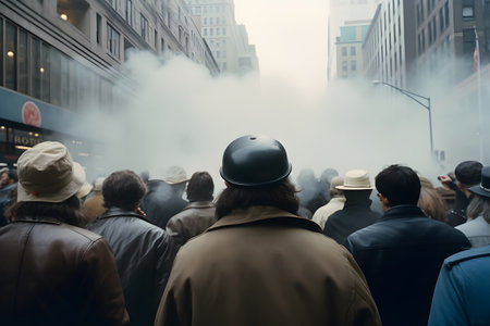 Group of people protesting and holding abstract signs, giving slogans in a rally. Group of demonstrators protesting in the city. Generative Ai. Gas Smoke in the Crowd.の素材