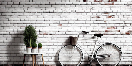 White brick wall background. Amsterdam bicycle and plants. Old town wall. Wall template in loft style. Generative Ai.の素材