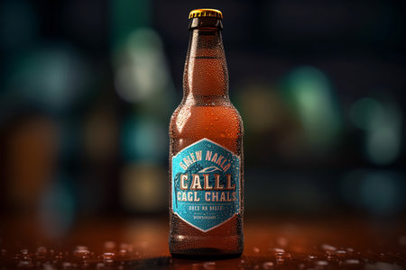 Close-up of an ice-cold bottle of craft beer, featuring its unique label design and condensation droplets. Generative ai.の素材