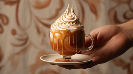 An artistic shot of a hand holding a frosted glass filled with a creamy latte topped with swirls of caramel sauce. Generative ai.の素材