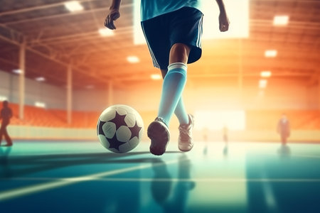 Football futsal player, ball, futsal floor. Sports background. Indoor soccer sports hall. Youth futsal league. Indoor football players and soccer ball. Generative ai.の素材
