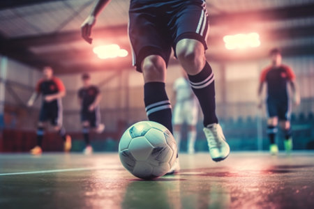 Football futsal player, ball, futsal floor. Sports background. Indoor soccer sports hall. Youth futsal league. Indoor football players and soccer ball. Generative ai.の素材