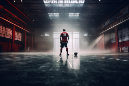 Football Futsal Ball and man. Team Player. Indoor Soccer Sports Hall. Advertising quality. Generative Ai.の素材