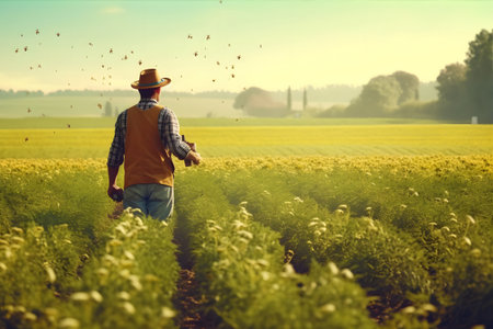 Sustainable Agriculture - A farmer in a field using eco-friendly methods such as crop rotation and natural pest control. Generative ai.の素材