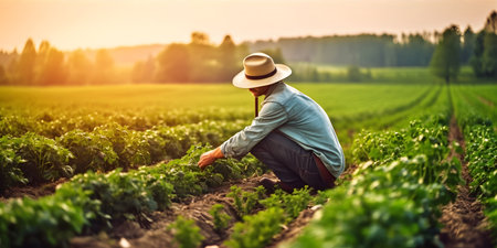 Sustainable Agriculture - A farmer in a field using eco-friendly methods such as crop rotation and natural pest control. Generative ai.の素材
