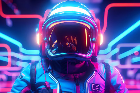 Psychedelic Retro Wave Astronaut in Neon Tubes Light. Pink Blue Violet Trendy Colors. Front View of a Space Suit. Generative Ai.の素材