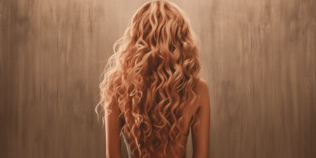 Portrait of a beautiful girl with luxurious curly long hair. Back view. Generative aiの素材