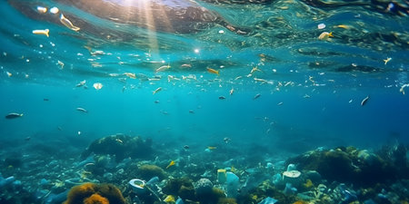Plastic Ocean - An underwater shot of marine wildlife surrounded by plastic waste to raise awareness about ocean pollution. Generative aiの素材
