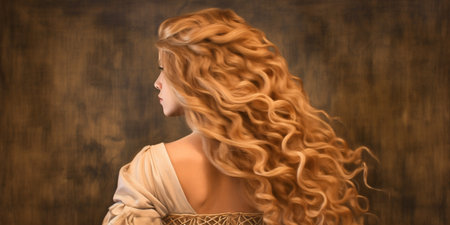 Portrait of a beautiful girl with luxurious curly long hair. Back view. Generative aiの素材