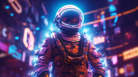Sci-fi Retrowave space illustration of science fiction scene with mysterious astronaut figure in space suit surrounded by glowing neon tube lights. Generative Ai.の素材