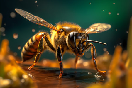 Captivating close-up of a vibrant bee, showcasing its intricate details and vivid colors. Generative Ai.の素材