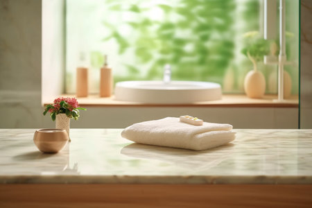 Bathroom interior. Empty marble table top for product display with bathroom interior background. Podium for your product. Generative ai.の素材