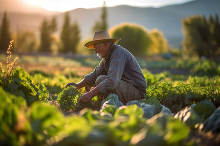 Sustainable Agriculture - A farmer in a field using eco-friendly methods such as crop rotation and natural pest control. Generative ai.の素材