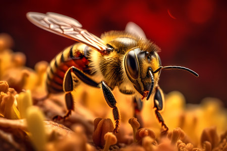 Captivating close-up of a vibrant bee, showcasing its intricate details and vivid colors. Generative Ai.の素材