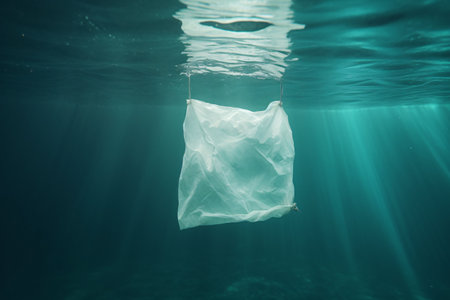 White plastic bag in the ocean or sea. Underwater waste. Pollution problems. Generative Ai.の素材