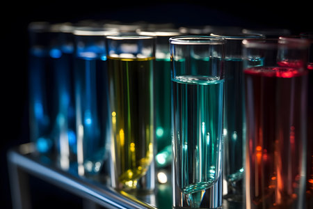 A detailed image of laboratory glassware test tubes filled with colorful liquids. Generative Ai.の素材