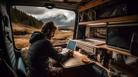 A digital nomad working on a laptop from the comfort of a cozy camper van parked in a scenic mountain landscape. Generative Ai.の素材