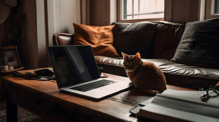 A digital nomad working place in a cozy, minimalist apartment, a cat curled up nearby. Generative Ai.の素材