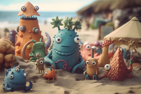 Alien creatures enjoying a day at the beach. Bizarre and imaginative alien creatures are engaging in various beach activities. Generative Ai.の素材