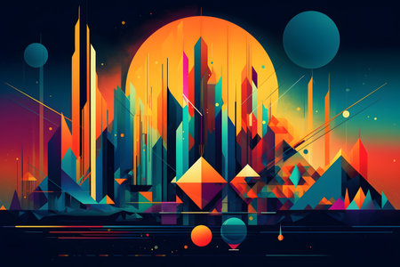Abstract and colorful composition of geometric shapes in a dynamic and visually striking way. Colors should be bold and bright, with a futuristic and vibrant feel. Generative Ai.の素材