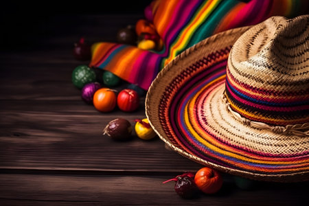 Mexico sombrero and other authentic Cinco de mayo stuff. Wooden background.の素材