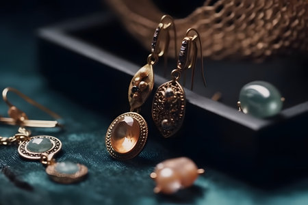 Close-up shot of stylish accessories like earrings. Generative Ai.の素材