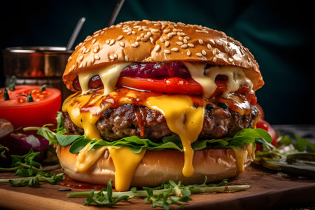 Close-up shots of juicy burger, with melted cheese and colorful toppings. Generative Ai.の素材
