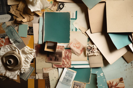 Combined various materials like paper scraps, photos or found objects together into a cohesive composition that can be used as a modern background graphic. Generative Ai.の素材