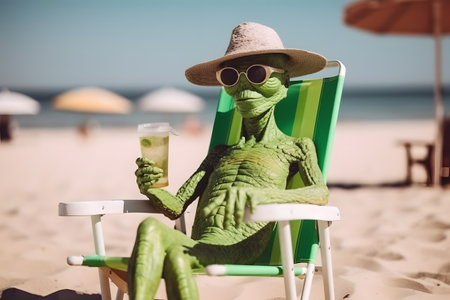 Funny green alien tourist goes on beach holiday relaxing in beach chair with tropical drink. Generative Ai.の素材