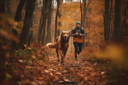 Trail Run: advertising photo A man and his dog running through a forest trail during fall season. Generative Ai.の素材