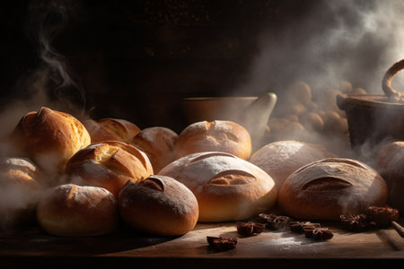 High-quality image of freshly baked bread and pastries with steam rising from them. Generative Ai.の素材