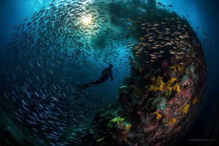 Scuba diving in tropical ocean coral reef sea under water. Circling fish vortex. Generative ai.の素材