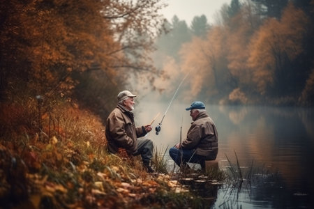 Outdoor enthusiasts fishing, and enjoying nature. Generative Ai.の素材