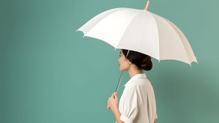 Women stand with white blank umbrella opened. Template mock up isolated on color background. Female person hold clear parasol overhead. Plain surface. Generative AI.の素材