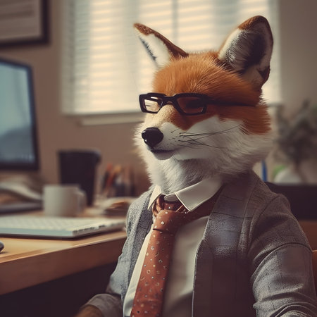 Fox Portrait as businessman in a stylish classic suit in the office, animal boss in human body, entrepreneur anthropomorphic illustration. Generative AIの素材