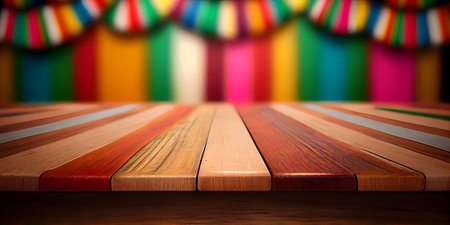 Image of wooden table in front and abstract blurred bright cinco de mayo background. Generative Ai.の素材