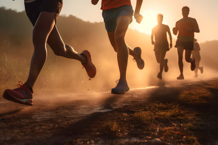 Close-up legs of runner group running on sunrise or sunset at seaside trail, AI generative.の素材