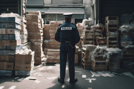 Counterfeit goods in boxes in police warehouse. Confiscated couterfeit goods. Police Officer looking at boxes. Generative Ai.の素材