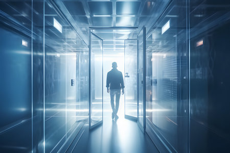 Man Steps into Door Entrance to the Future. Moving Forward to Metaverse, New Technology, Web3.0, Blockchain and the Next Layer of the Internet. Futuristic Illustration. Generative Ai.の素材