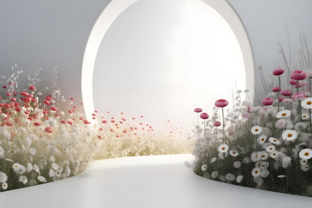 White natural beauty podium backdrop with spring flower field and arc. 3d style. Generative Ai.の素材