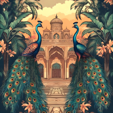 Traditional Mughal garden, arch, peacock, plant and bird illustration. Generative ai.の素材