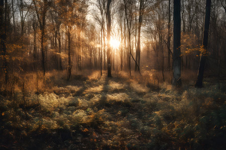 forest at sunset, with warm, golden tones and rays of light filtering through the trees. generative ai.の素材