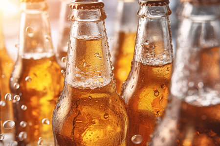 Close-up of an ice-cold bottle of craft beer, featuring its unique label design and condensation droplets. Generative ai.の素材