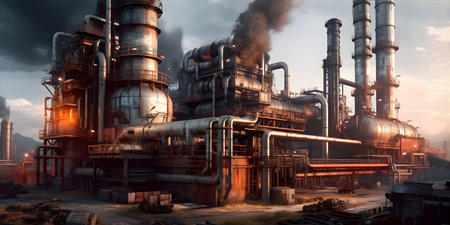 Industrial Architecture: An impressive shot of a large factory or industrial site with machinery and smokestacks. Generative ai.の素材