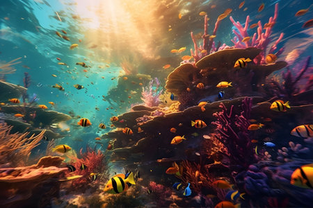 Underwater Wonders: Colorful tropical fish swimming in a coral reef. Generative ai.の素材