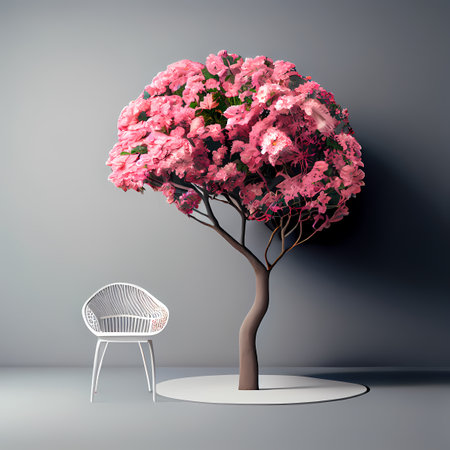 Realistic human brain tree with white and pink flowers, symbolizing complexity of the mind, located in a modern and minimalist psychologist office. Generative Ai.の素材